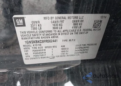 2015 Chevrolet Tahoe Lt z USA, uszkodzony, nr VIN 1GNSKBKC8FR562441